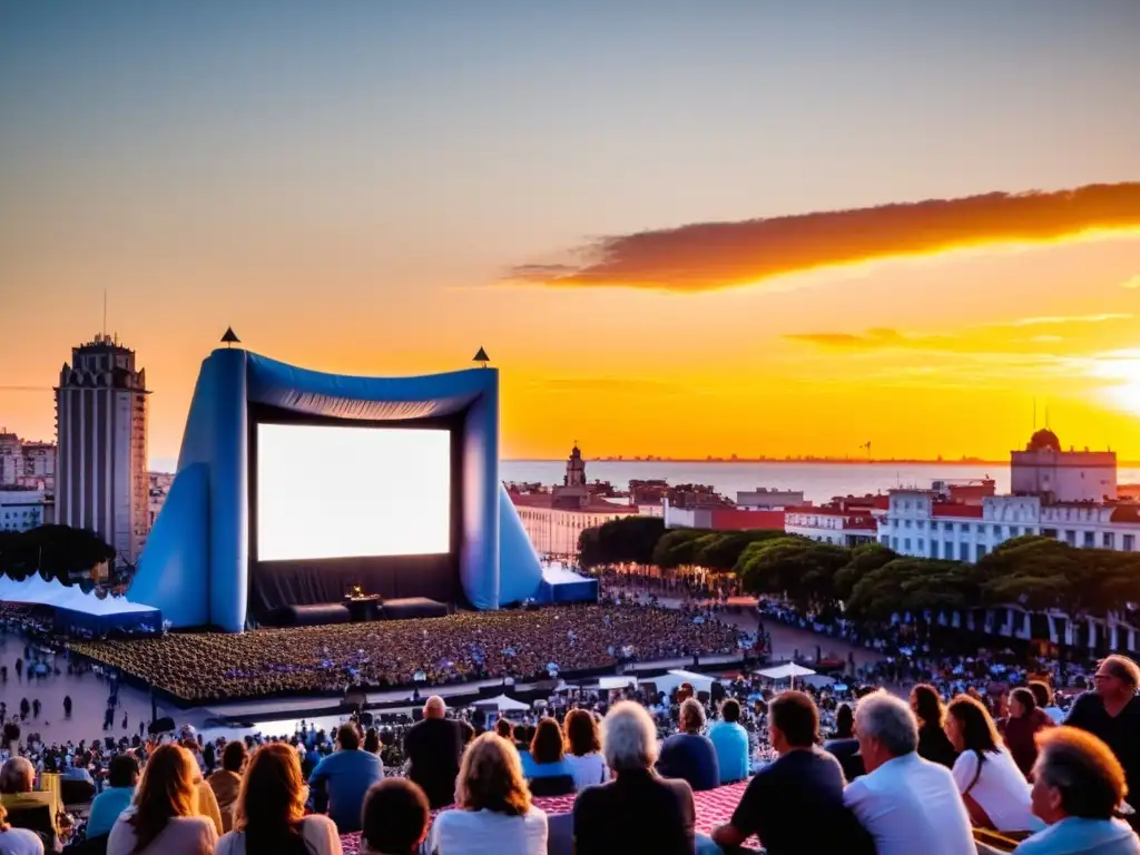 Eventos de cine al aire libre en Uruguay, con la ciudad de Montevideo bañada en oro por el atardecer, y un público diverso disfrutando la película