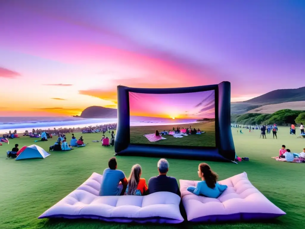 Eventos cine aire libre Uruguay, creando una atmósfera nostálgica y comunitaria bajo el cautivante atardecer uruguayo