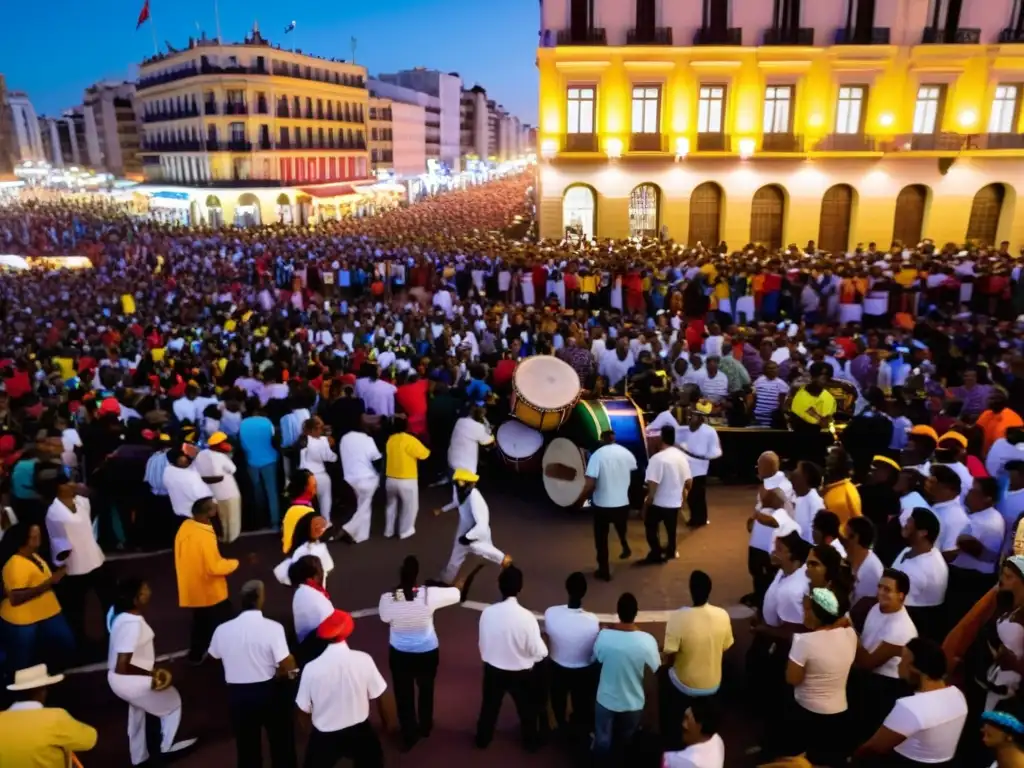 Eventos culturales destacados Uruguay: Carnaval vibrante en Montevideo, multitud danzando al ritmo de Candombe bajo luces festivas