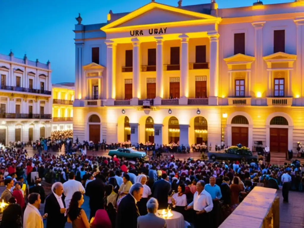 Eventos culturales destacados Uruguay: el Teatro Solís dorado, músicos callejeros, carnaval vibrante y festivales, en un panorama 8k