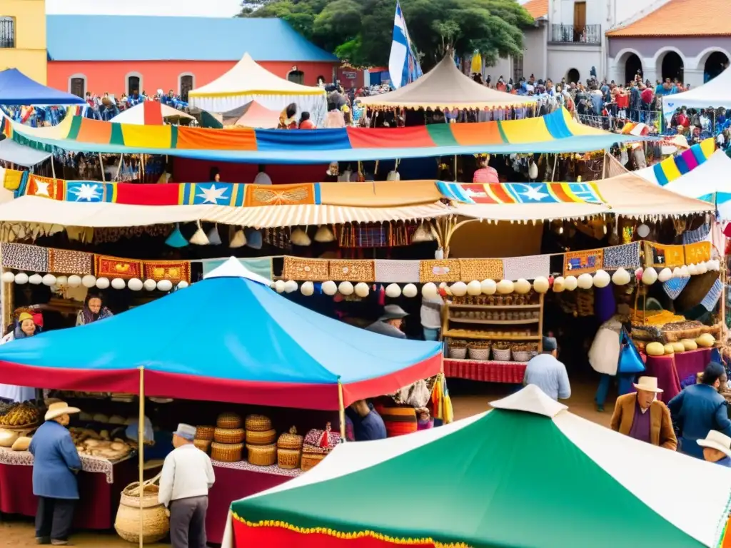 Eventos culturales en Uruguay: una feria vibrante, con puestos de artesanías y comida típica, bajo la cálida luz del atardecer