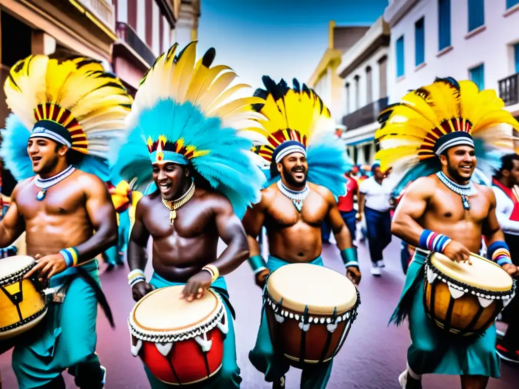 Eventos culturales en Uruguay: Candombe en pleno Carnaval de Montevideo, percusionistas en trajes vibrantes tocan con fervor bajo luces cálidas