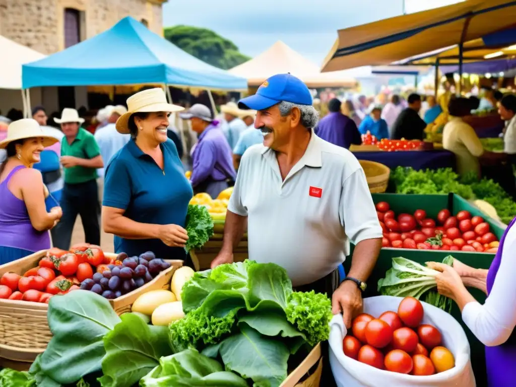 Eventos gastronómicos impulsando la agricultura uruguaya en un bullicioso mercado de granjeros, lleno de colores y emociones