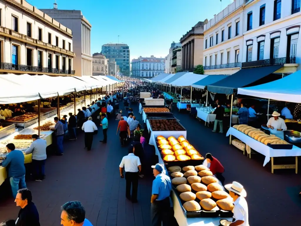 Eventos gastronómicos en Uruguay: mercado al aire libre en Montevideo lleno de vida, con asado, empanadas y mate al sol dorado