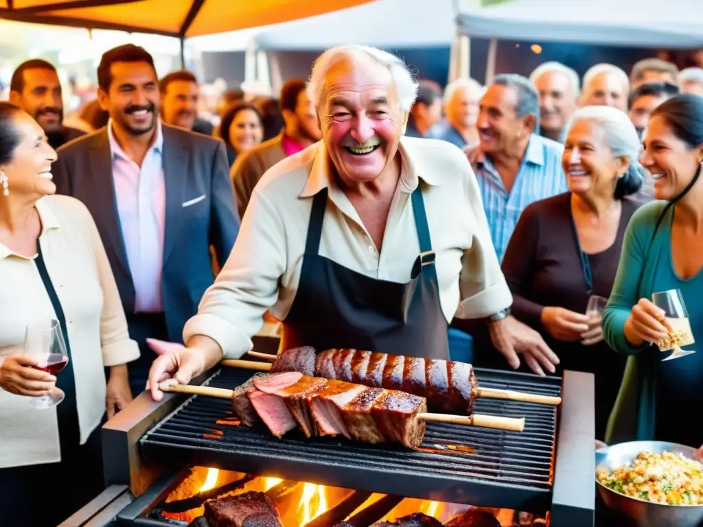 Eventos gastronómicos en Uruguay: anciano prepara asado en un festival, rodeado de gente disfrutando vino y delicias locales al atardecer