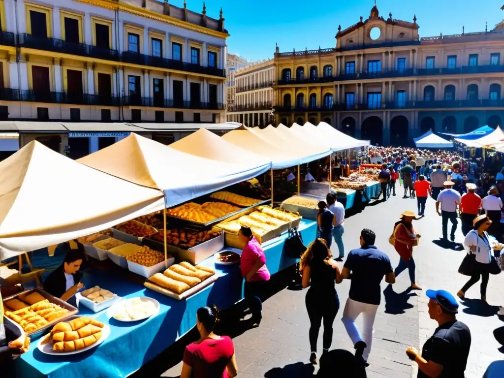 Eventos gastronómicos en Uruguay: un bullicioso mercado de comidas bajo el sol radiante, con empanadas, asado y churros, al ritmo del Candombe