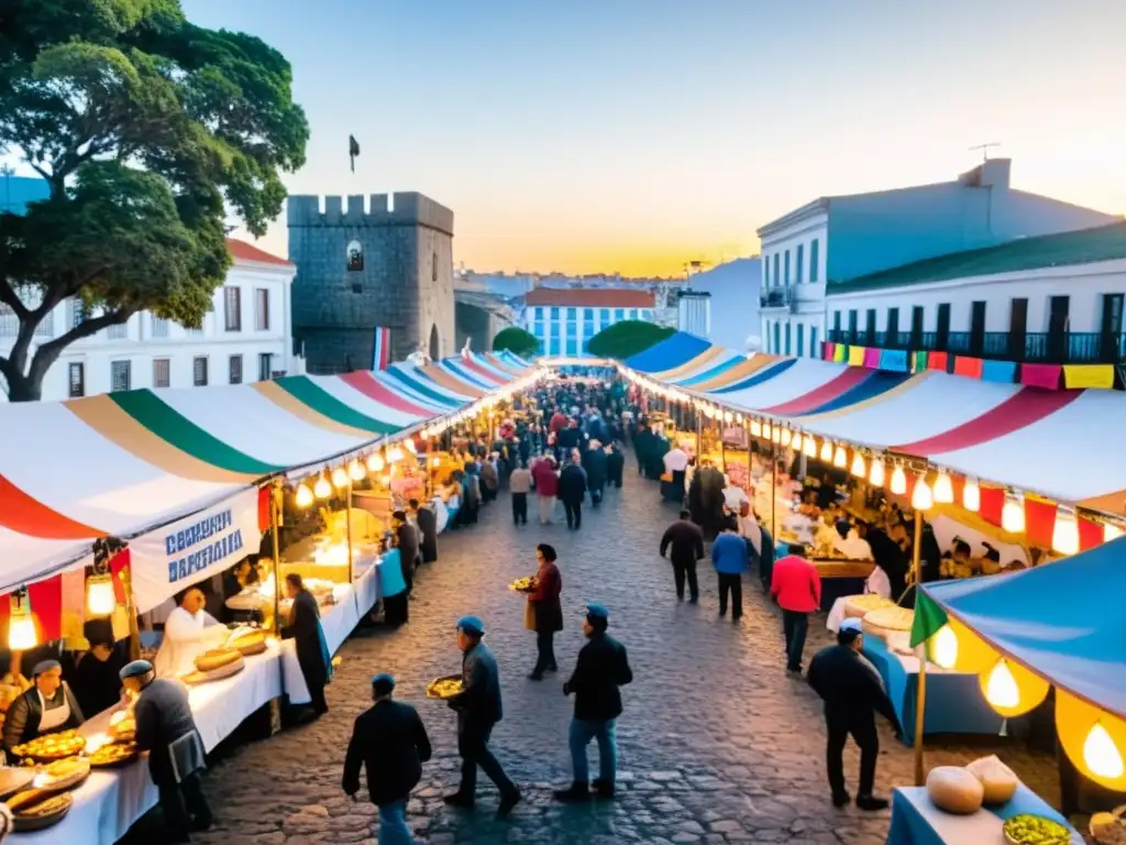 Eventos gastronómicos Uruguay: una calle de adoquines llena de coloridos puestos de comida tradicional bajo un sol brillante