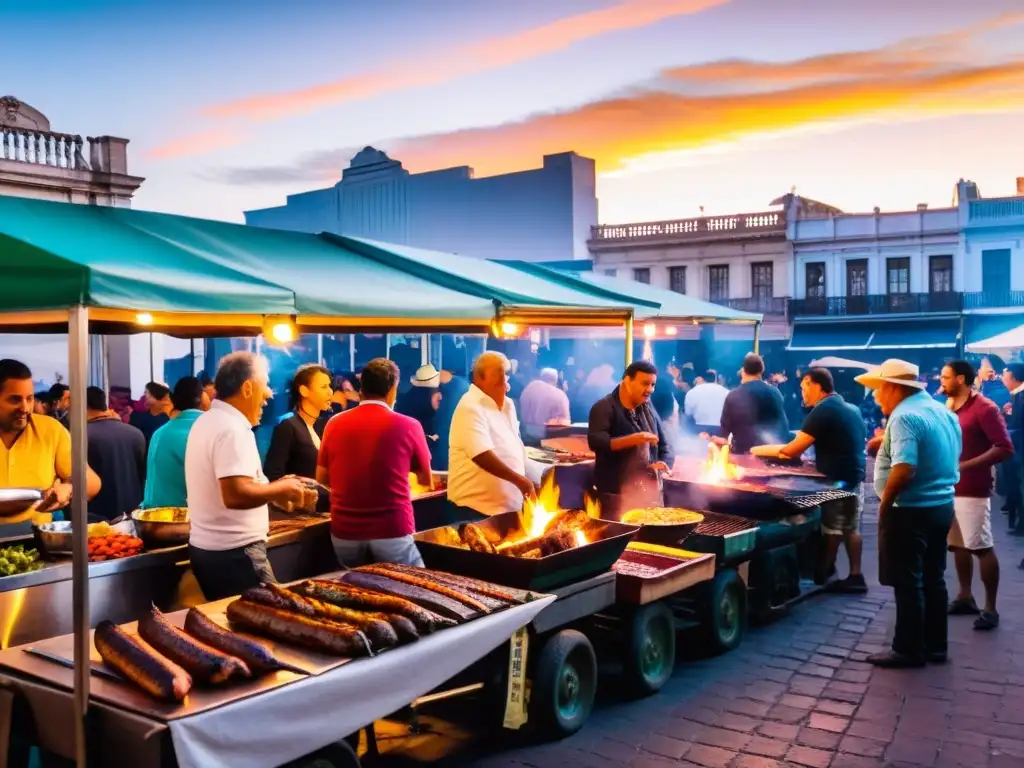 Eventos gastronómicos Uruguay: Mercado callejero bullicioso en Montevideo, bajo un atardecer cálido, lleno de risas y sabores tradicionales