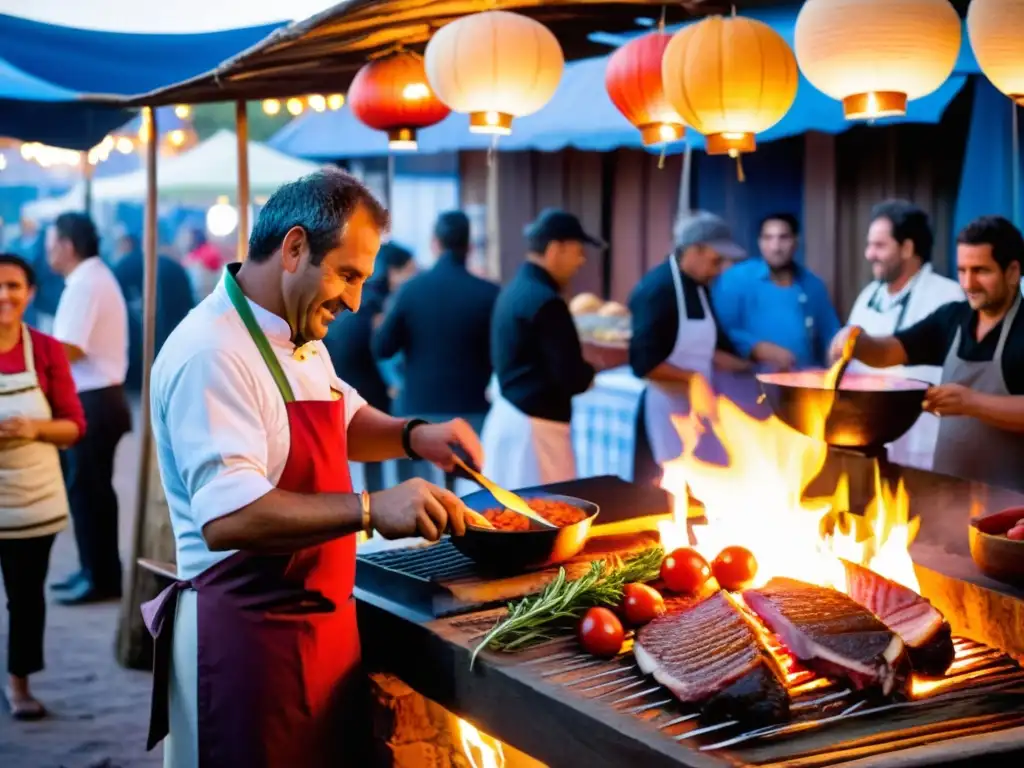 Eventos gastronómicos en Uruguay: chef prepara el Chivito en un animado mercado al anochecer, bajo un cielo colorido