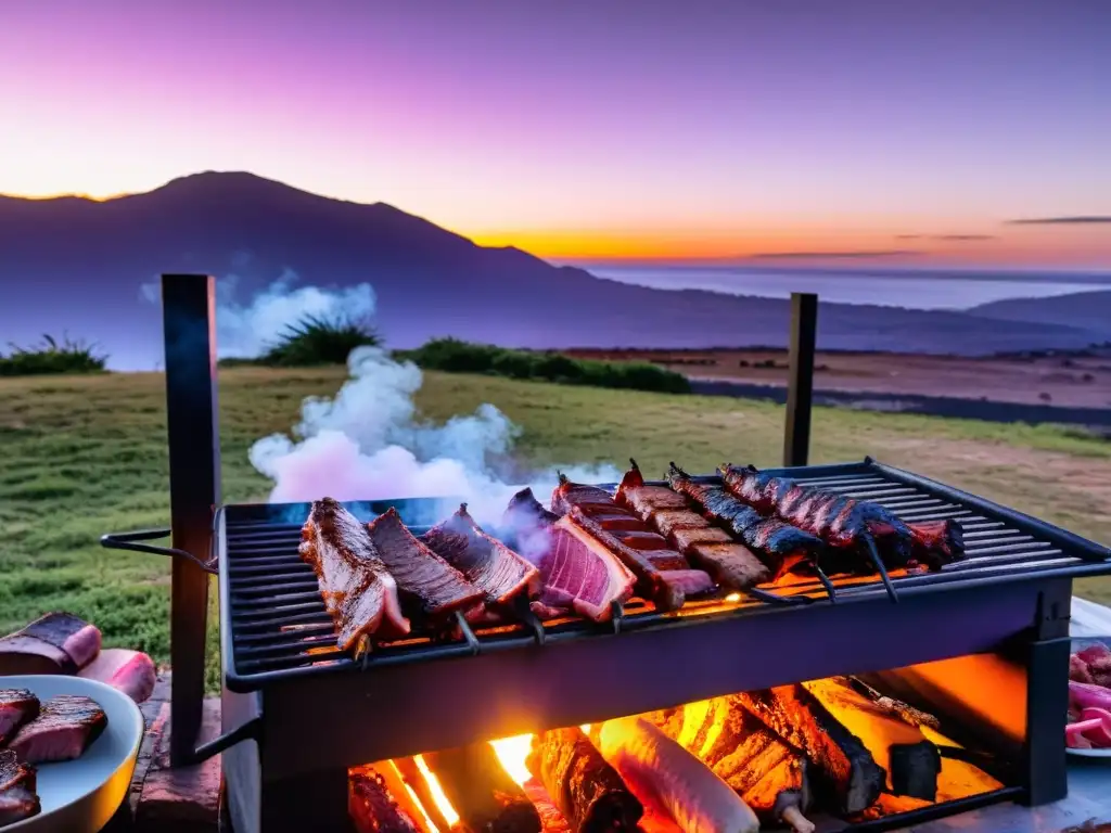 Eventos gastronómicos Uruguay: identidad cultural en un asado al aire libre al atardecer, con gauchos, carnes a la parrilla y conversaciones animadas