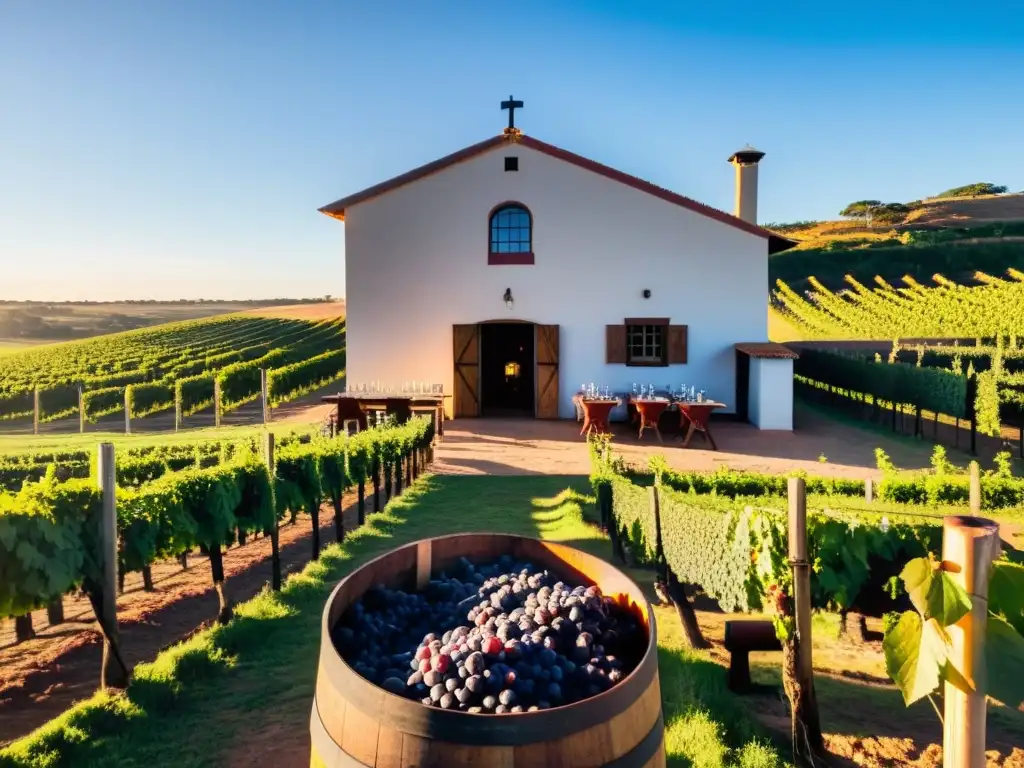 Eventos gastronómicos Uruguay identidad cultural: Bodega rústica en un atardecer dorado, con gente disfrutando de un asado y vino tinto