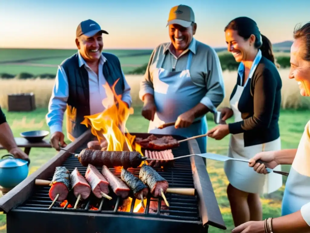 Eventos gastronómicos en Uruguay, identidad cultural viva en un asado campestre, gente feliz y carnes asadas bajo un cielo azul