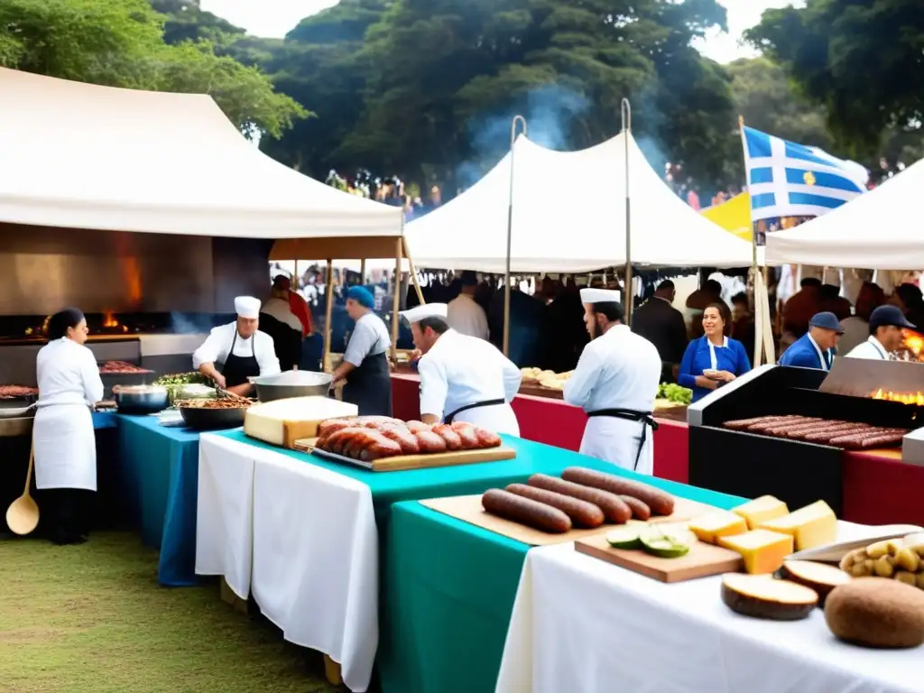 Eventos gastronómicos en Uruguay impulsando la economía local, con un asado en vivo, delicias artesanales y la bandera ondeando orgullosamente