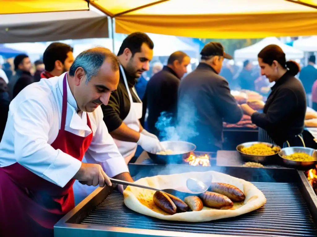 Eventos gastronómicos en Uruguay: un festival culinario bullicioso en Montevideo, aire otoñal, colores vibrantes y deliciosos sabores