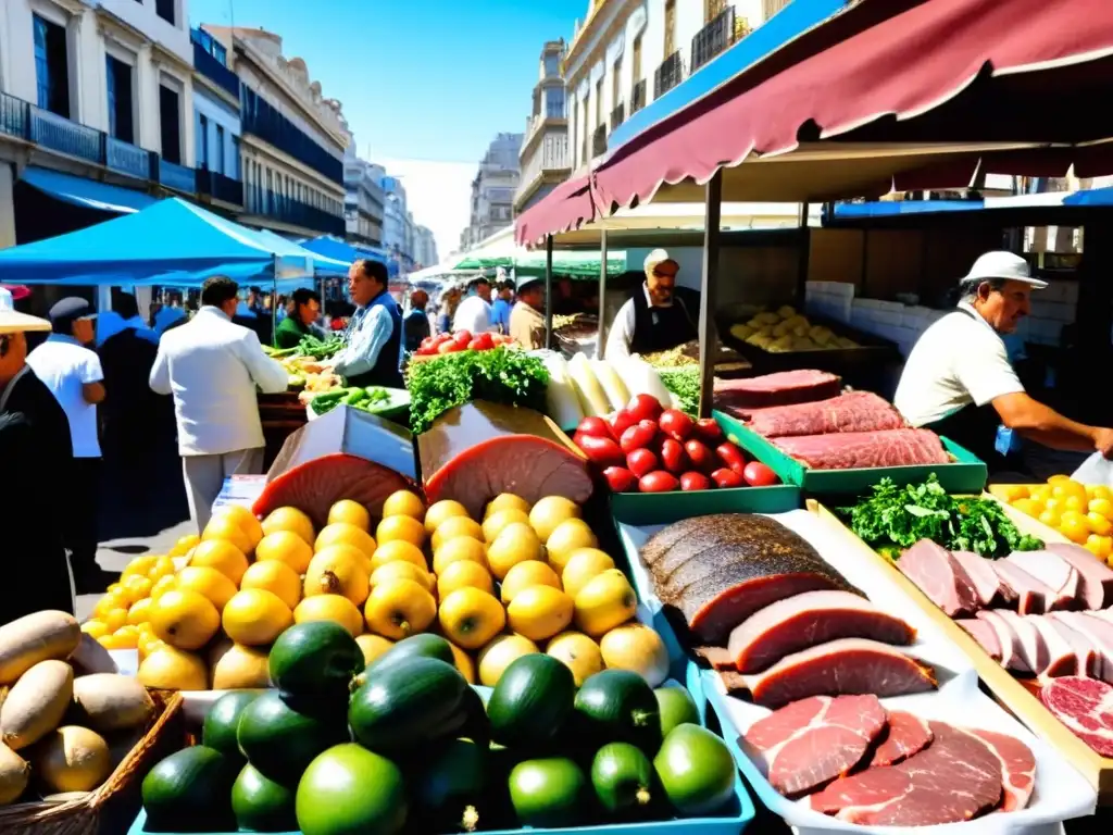 Eventos gastronómicos Uruguay: un mercado bullicioso de Montevideo, lleno de coloridos productos locales y platos típicos en un atardecer dorado