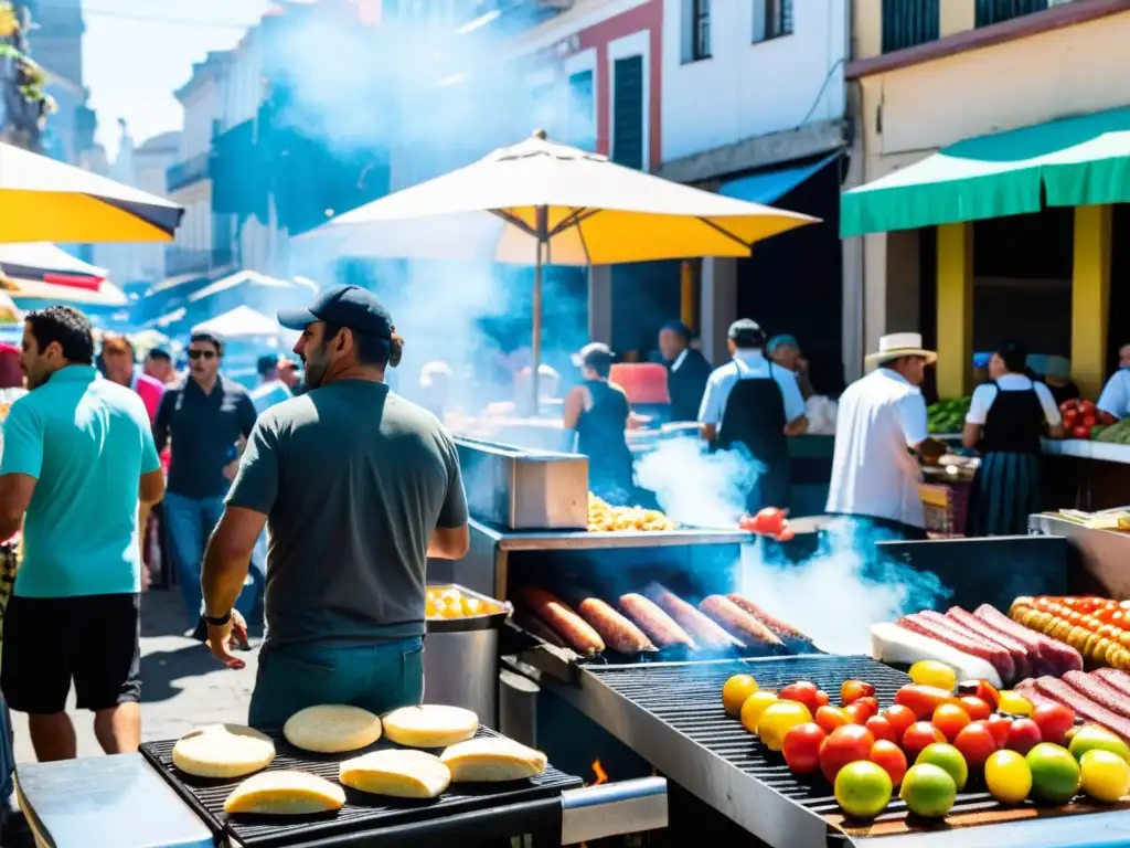 Eventos gastronómicos en Uruguay: un mercado rebosante de vida, con un vendedor asando Chivitos y frescos vegetales a su lado