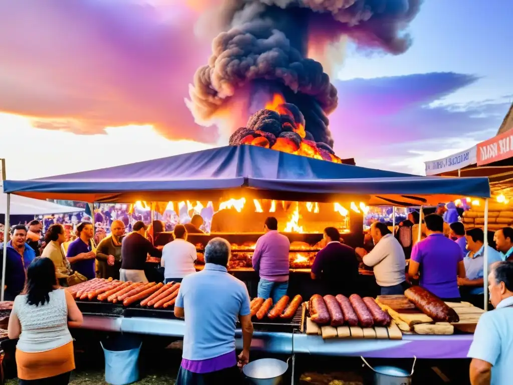 Eventos gastronómicos sorprendentes en Uruguay: Asado en un mercado al aire libre de Montevideo, lleno de sabor y color al atardecer