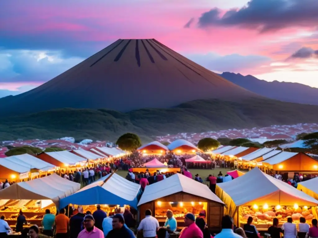 Eventos gastronómicos sorprendentes en Uruguay: festival al anochecer, con exquisitos platos locales bajo un cielo colorido