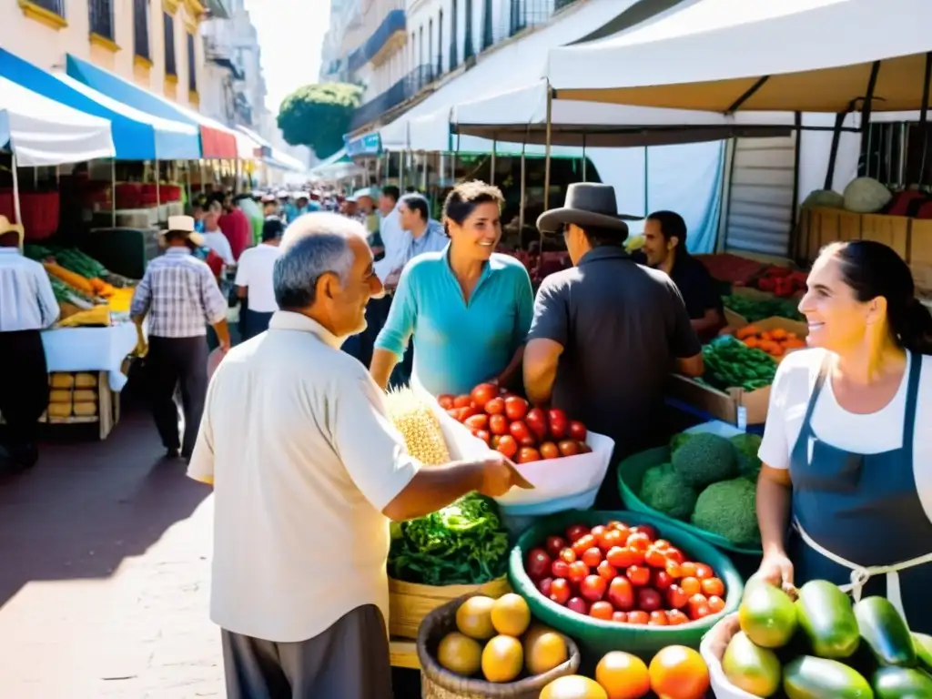 Eventos gastronómicos agricultura uruguaya: mercado vibrante en Montevideo, con granjeros en atuendos gauchos, frutas frescas y cocina en vivo