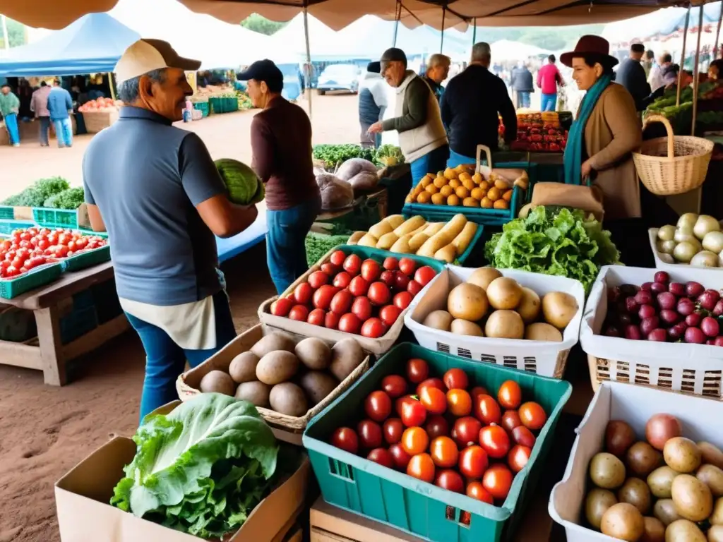 Eventos gastronómicos agricultura uruguaya: vendedor presentando productos frescos en un bullicioso mercado bajo el sol radiante