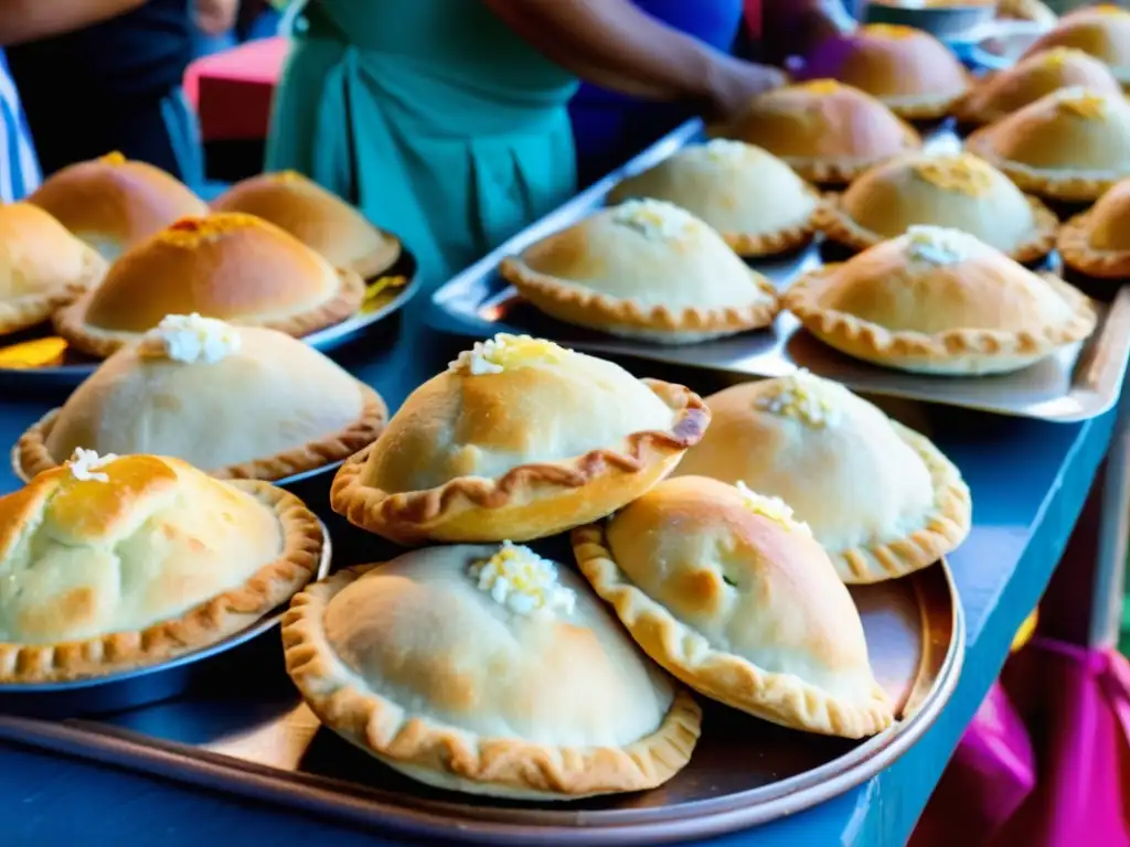 Eventos gastronómicos cocina uruguaya: vendedor preparando empanadas doradas en la vibrante Fiesta Nacional de la Empanada en Tacuarembó, Uruguay