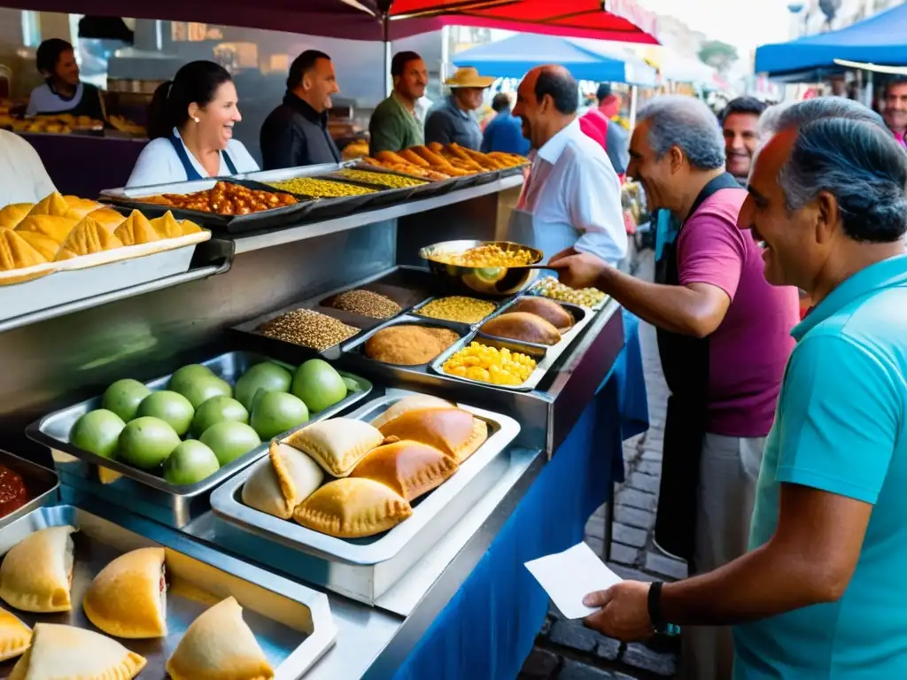 Eventos gastronómicos Uruguay: Mercado vibrante en Montevideo con empanadas doradas, asado humeante y frutas frescas bajo el Palacio Salvo