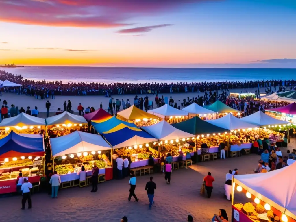 Eventos gastronómicos en Uruguay: vibrante festival al aire libre en Montevideo, con puestos coloridos y un atardecer mágico