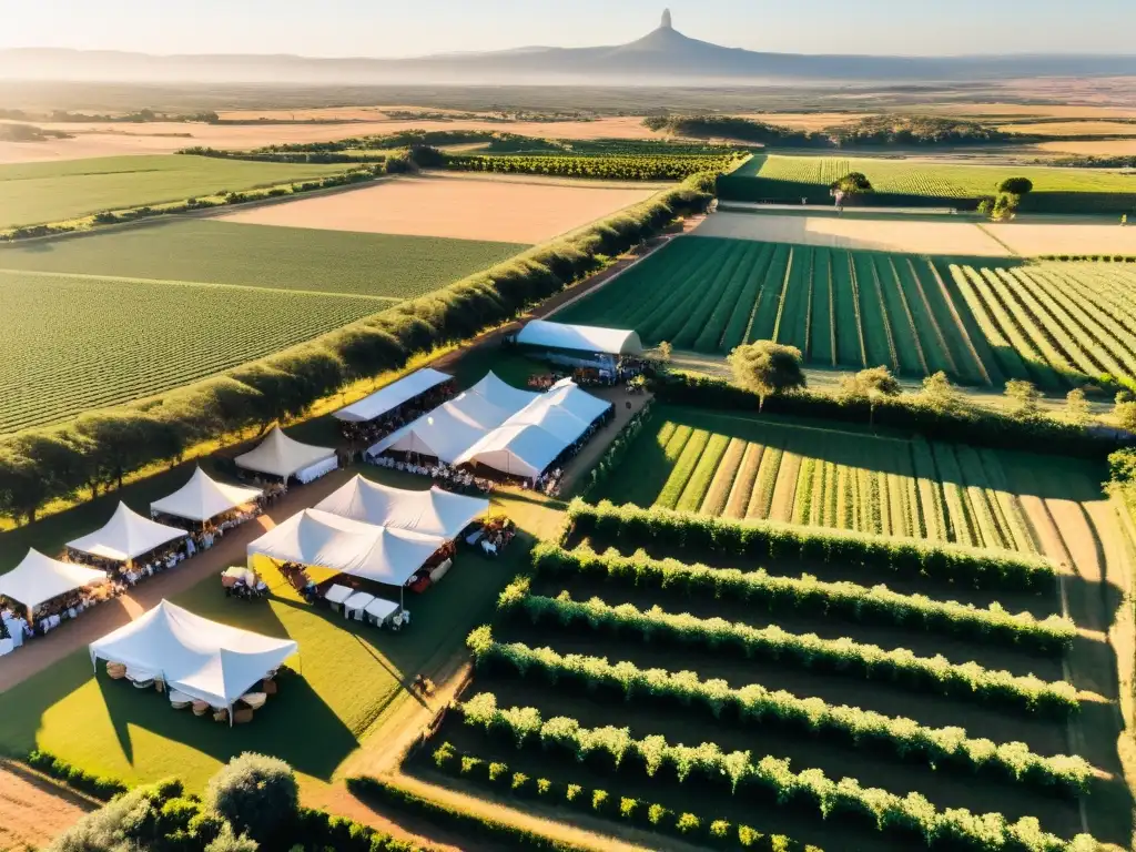 Eventos gastronómicos agricultura uruguaya cobran vida al atardecer, uniendo a la gente en campos y viñedos bajo un cielo encendido