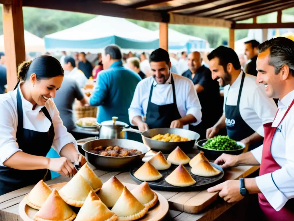 Eventos gastronómicos cocina uruguaya cobran vida en un mercado animado, con asados y empanadas bajo el sol cálido y danzas locales