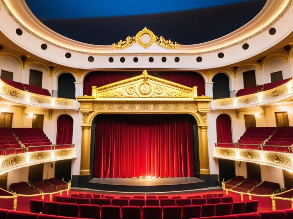 Eventos inclusivos teatro Uruguay: escenario dorado, asientos de terciopelo rojo, rampas accesibles y audiencia diversa esperando el show