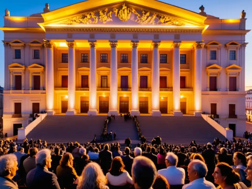 Eventos inclusivos Teatro Uruguay: la majestuosidad del Teatro Solís iluminada al atardecer, acogiendo con alegría a un público diverso