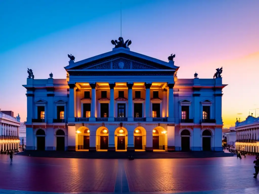 Eventos literarios Uruguay 2022: multitudes disfrutan al anochecer frente al imponente Teatro Solís en Montevideo, rodeados de libros y cultura viva