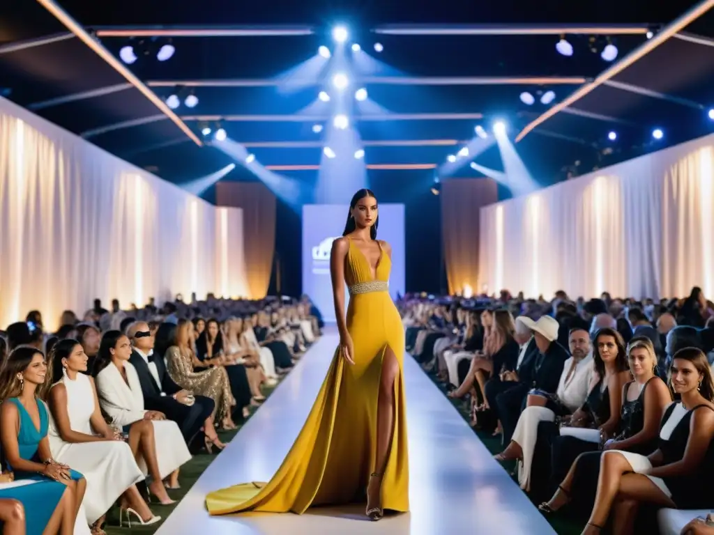 Eventos de moda Uruguay 2022: modelo desfila con un diseño vanguardista, bajo luces brillantes y una atmósfera vibrante llena de entusiasmo