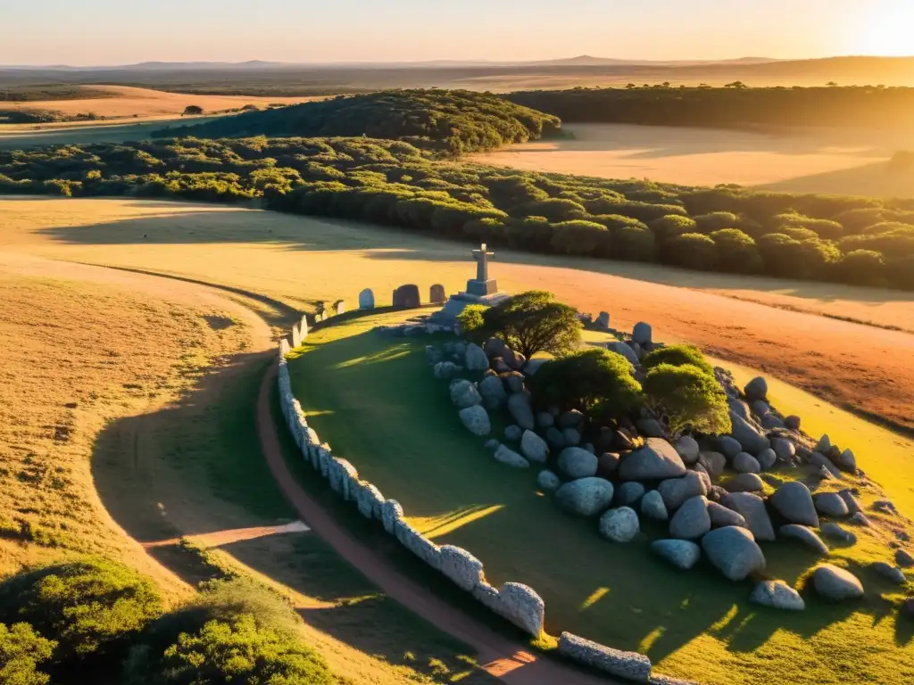 Evocadora imagen del campo de la Batalla de Las Piedras, historia uruguaya, bañado en luz dorada al atardecer