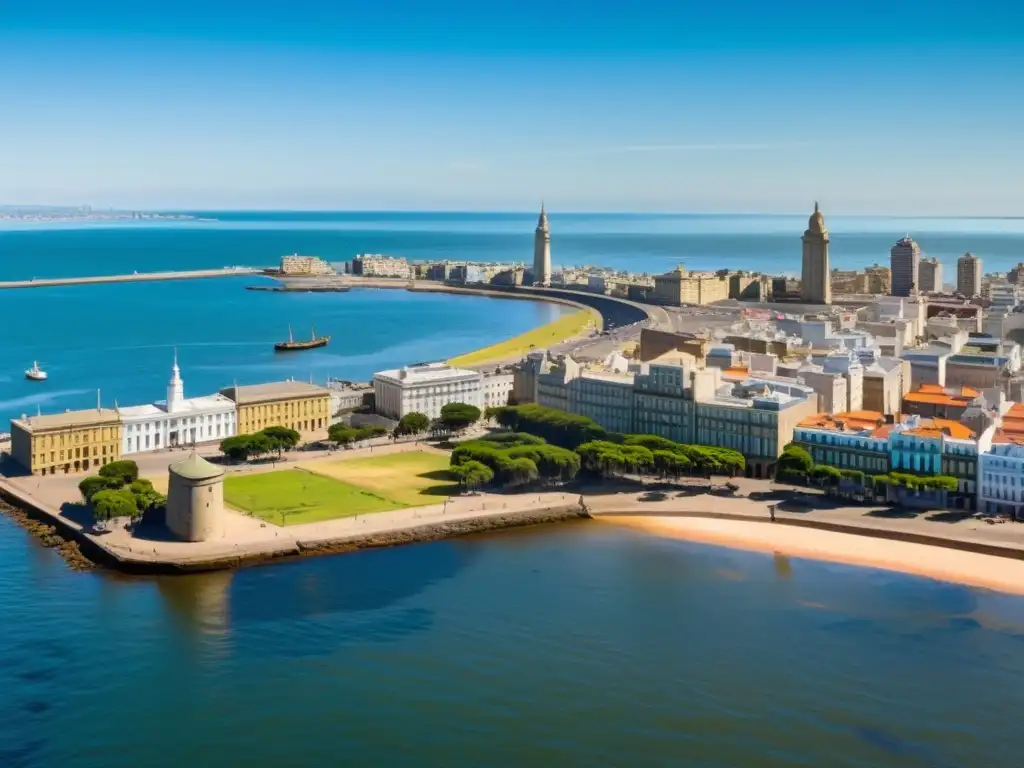 Evocadora imagen del nacimiento de la República Oriental de Uruguay, mostrando un Montevideo del siglo XIX con la fusión de lo antiguo y lo nuevo