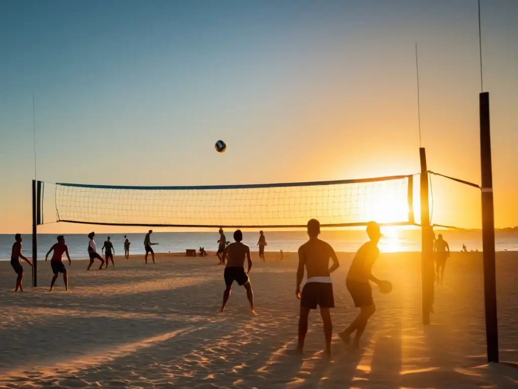 'Experiencia deportiva intensa en Vóley playa Uruguay, jugadores enérgicos al atardecer, espectadores y banderas históricas bajo un cielo dorado