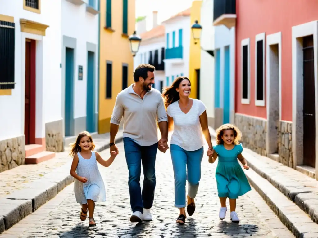 Experiencia familiar inolvidable en Uruguay: Niños corriendo entre calles adoquinadas de Colonia del Sacramento al atardecer, padres enamorados detrás