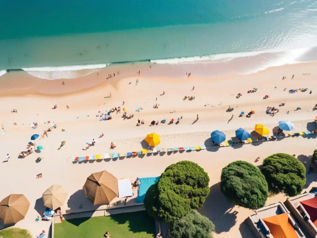 Experiencia familiar inolvidable en Uruguay: playa llena de color, juegos y risas bajo el sol dorado y la ciudad de Montevideo al fondo