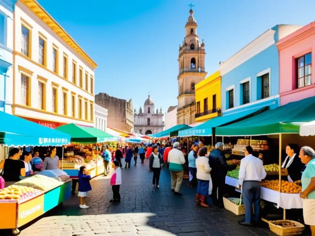 Experiencia familiar inolvidable en Uruguay, riendo y disfrutando en un mercado vibrante bajo un cielo azul brillante