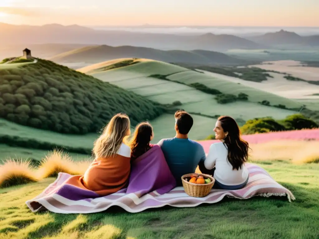 Experiencia familiar inolvidable en Uruguay: un picnic alegre en las verdes laderas de Sierras de las Ánimas, bajo un cielo atardecer vibrante