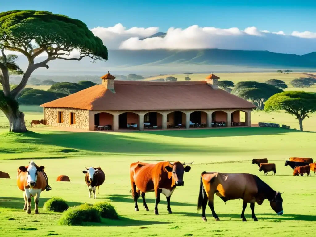 Experiencia gastronómica estancias uruguayas: casa de piedra tradicional rodeada de ganado y gauchos, con una mesa rústica repleta de delicias locales al atardecer en 8K