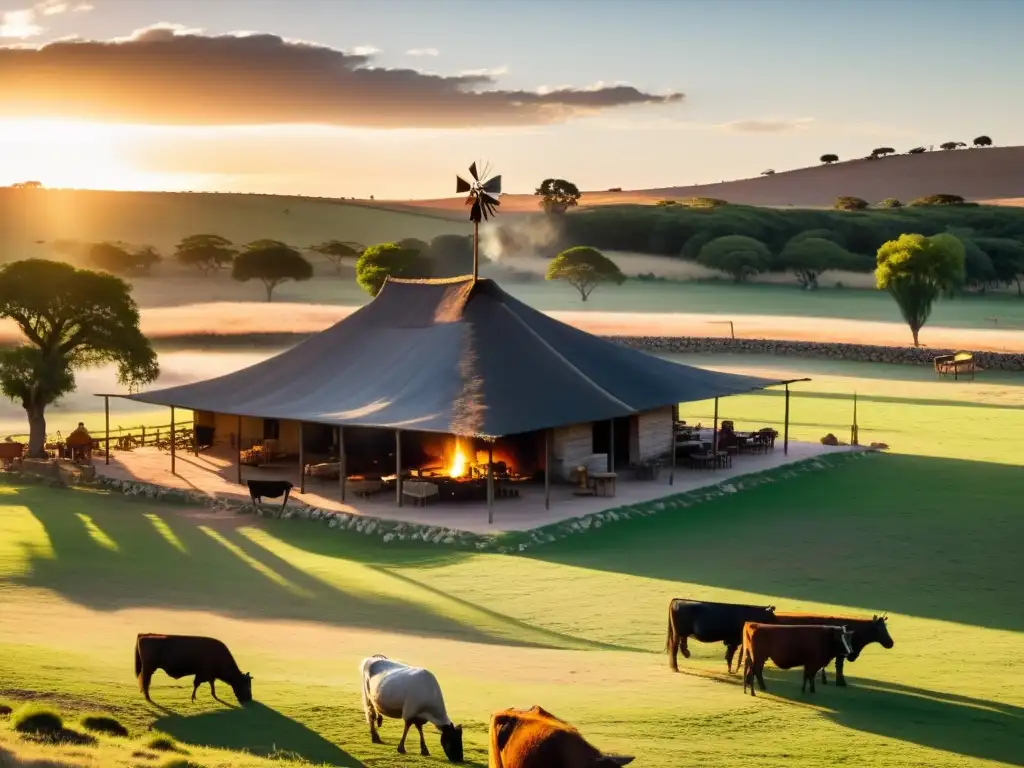 Experiencia gastronómica en estancias uruguayas: un gaucho prepara asado al atardecer, bajo el cielo dorado