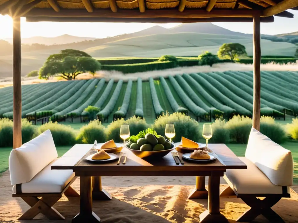 Experiencia gastronómica estancias uruguayas: mesa rústica elegante al aire libre, rodeada de verdes campos, con delicias uruguayas bajo el sol dorado