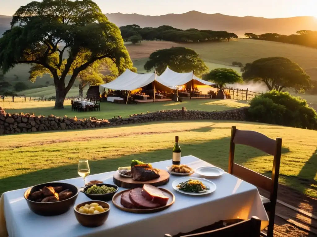 Experiencia gastronómica en estancias uruguayas: mesa rústica con asado y vinos al atardecer, risas de un juego de tejo y paisaje dorado