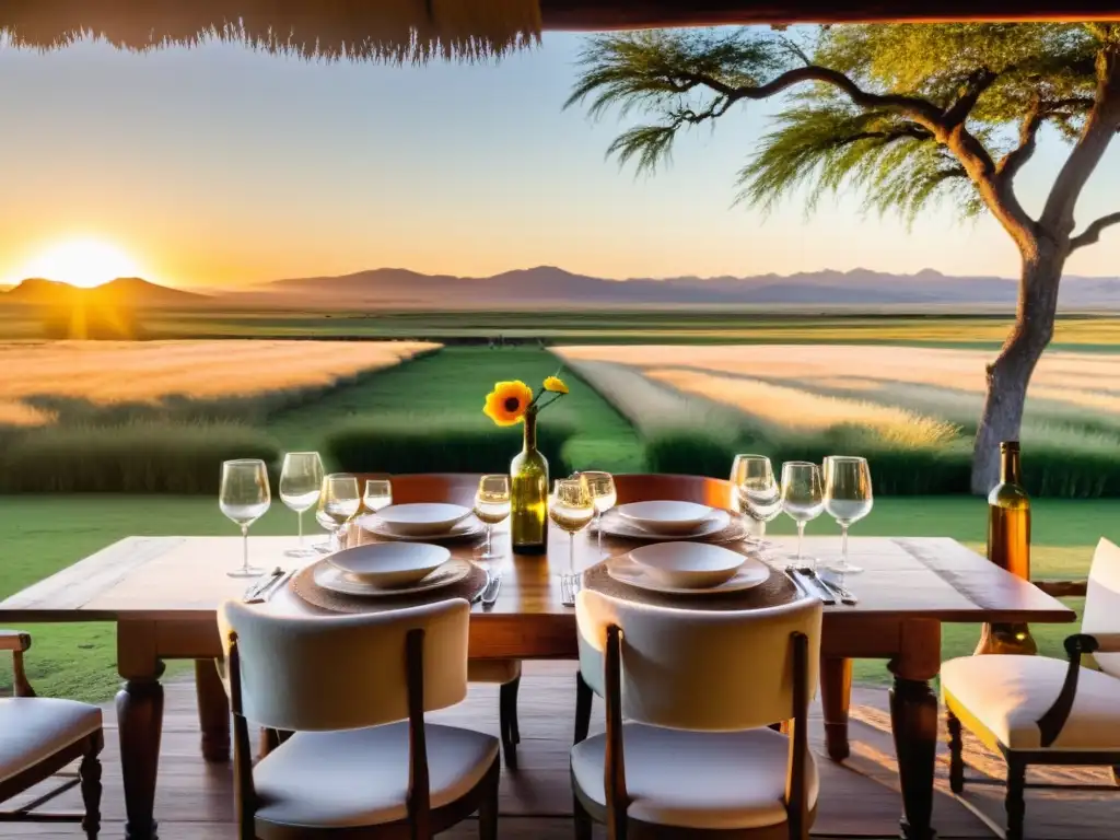 Experiencia gastronómica estancias uruguayas, mesa al aire libre con asado y vino, bajo un cielo de atardecer dorado