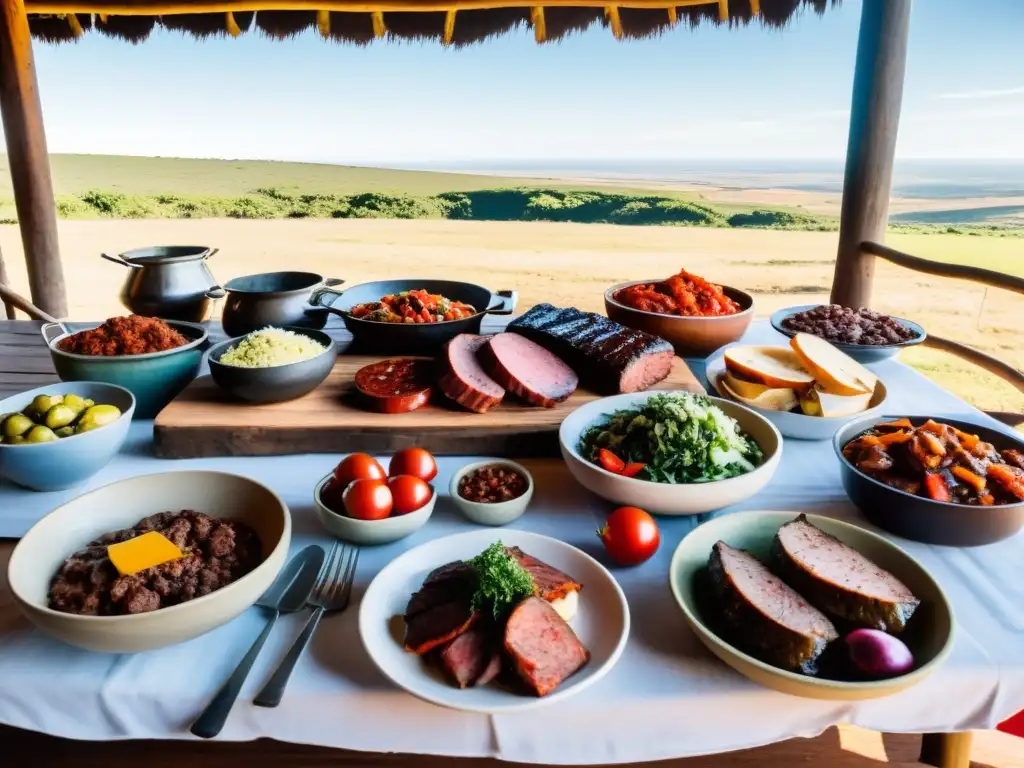 Experiencia gastronómica estancias uruguayas: gauchos compartiendo asado y vino Tannat, bajo el cielo azul y el verde de las pampas