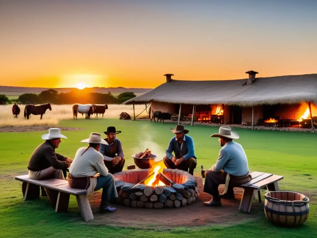 Experiencia gastronómica estancias uruguayas: gauchos al atardecer preparando un asado al aire libre, bajo el cálido sol dorado de las Pampas