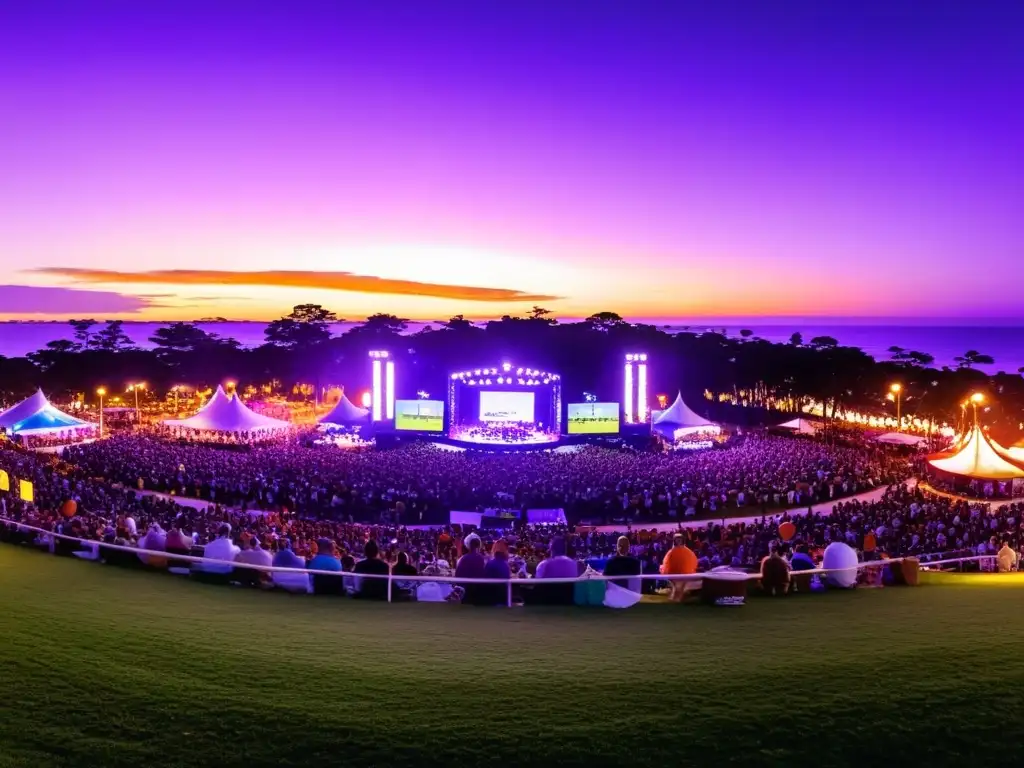 Experiencia inolvidable Festival Jazz Punta Este, con multitudes entusiasmadas bajo un cielo púrpura, iluminadas por farolillos entre palmeras