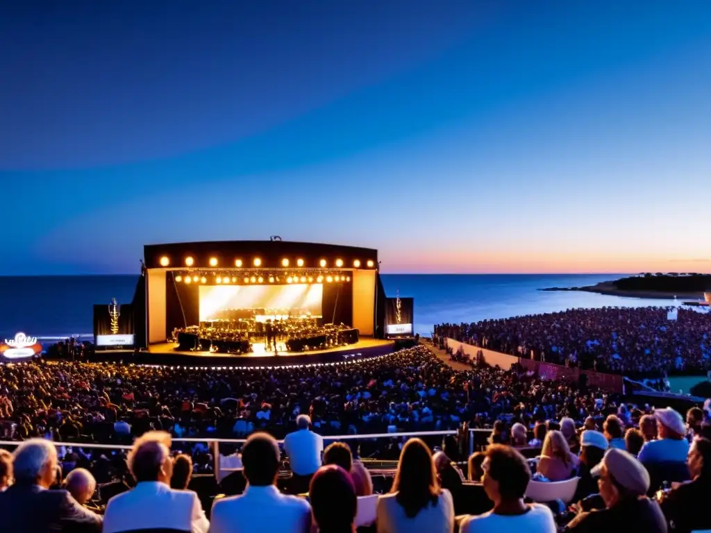 Experiencia inolvidable Festival Jazz Punta Este, banda en escena iluminada, espectadores embelesados y un atardecer mágico