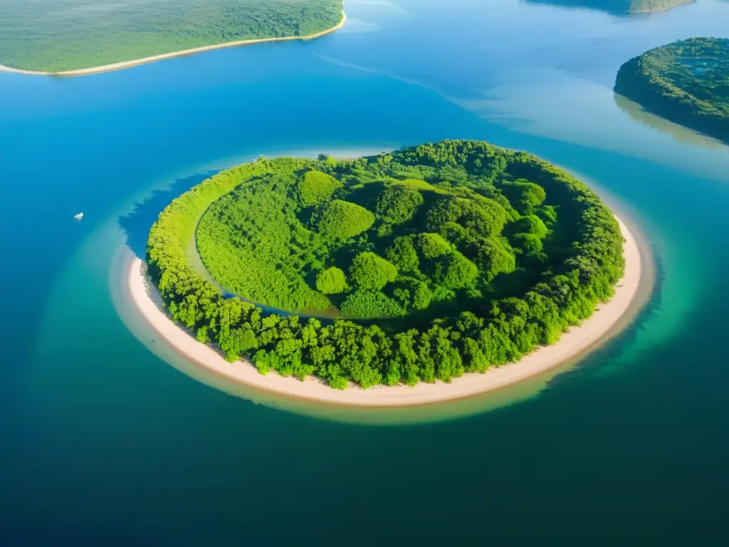 Experiencia turística en Isla Martín García, un amanecer dorado ilumina la vegetación exuberante, rodeada por las serenas aguas del Río de la Plata